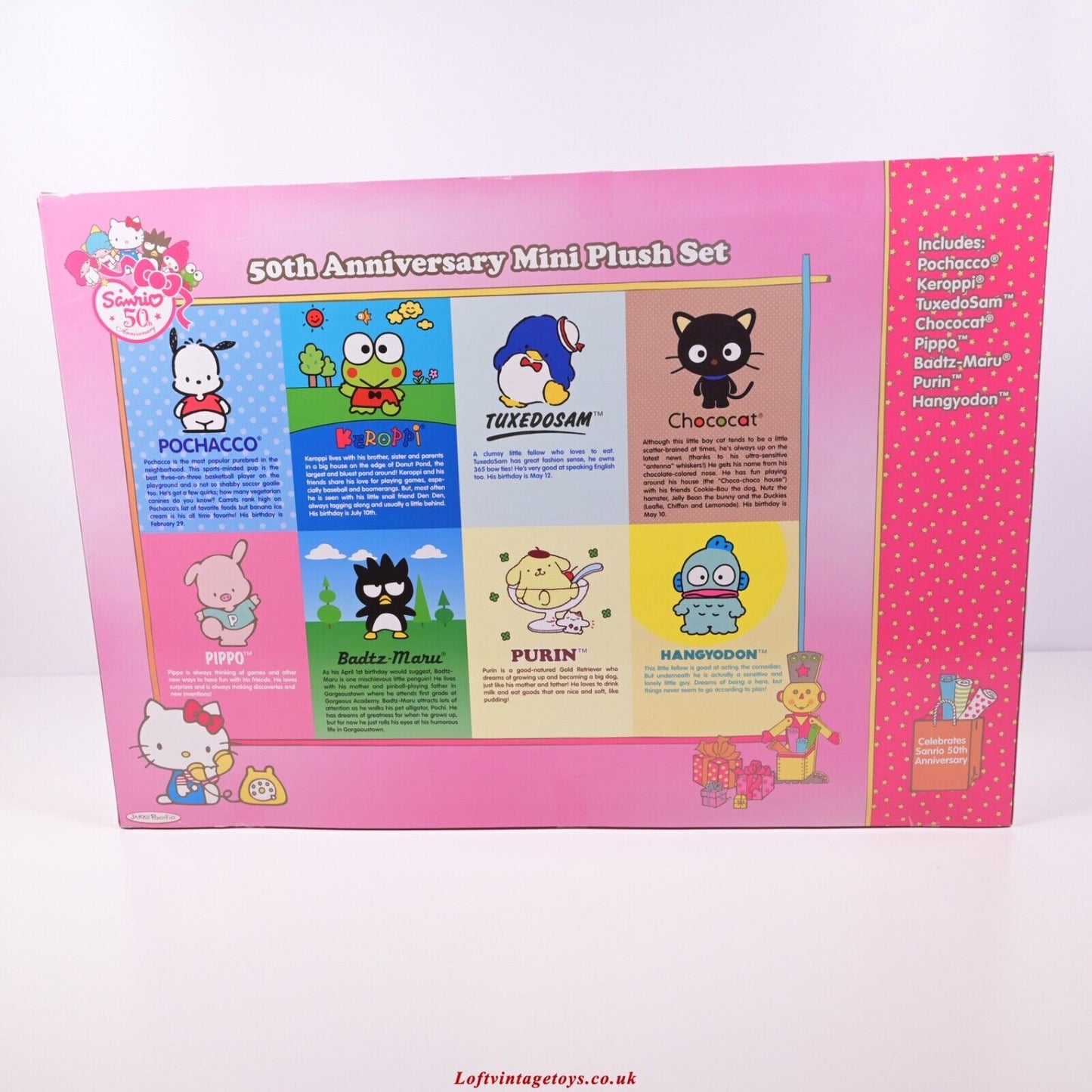 Hello Kitty 50. Jubiläum, 8-teiliges Mini-Plüschset – Neu und versiegelt