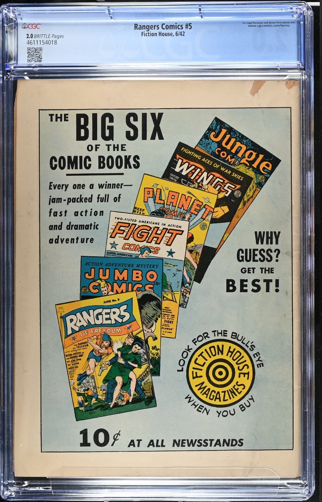 Rangers Comics #5 - CGC 2.0 Fiction House 1942