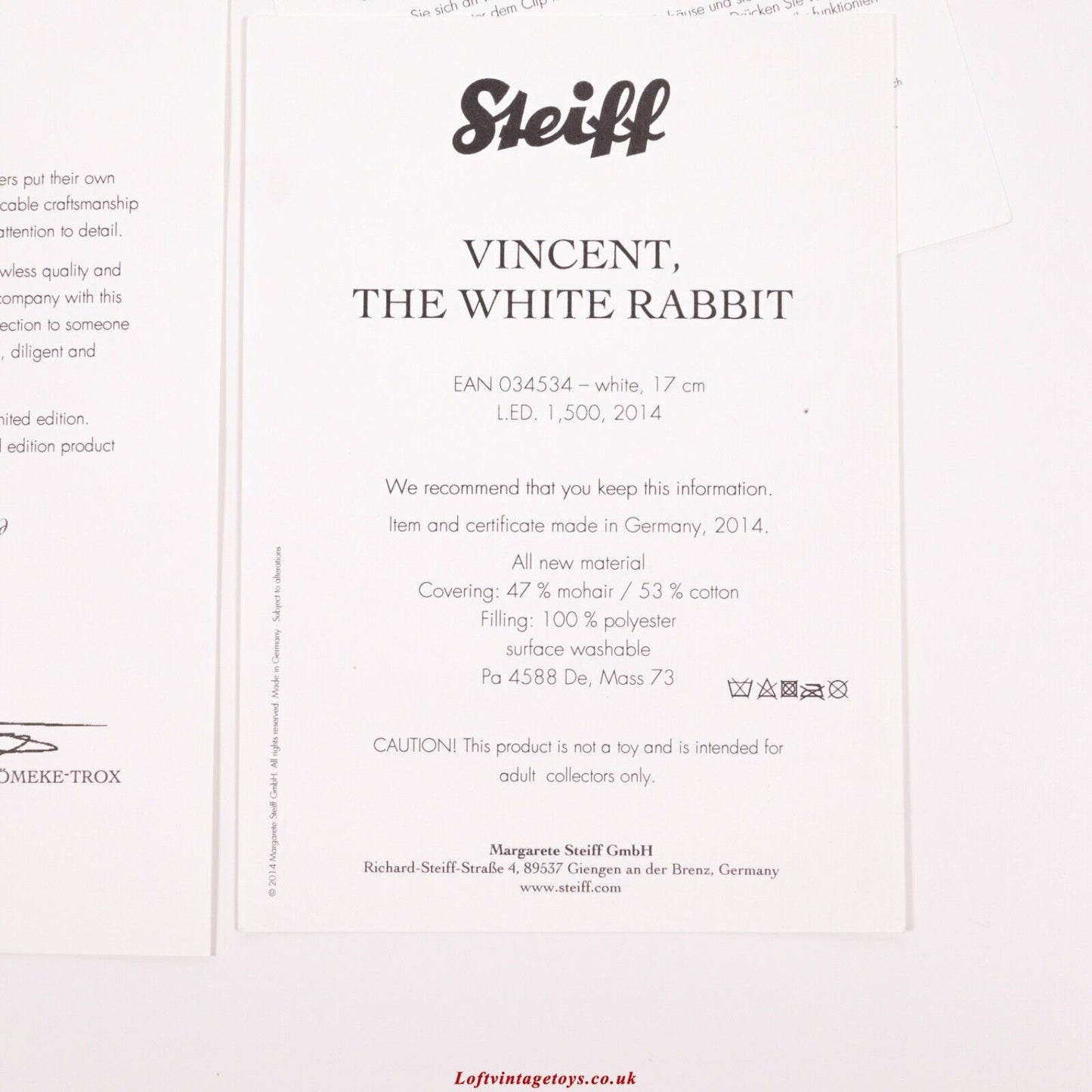 Steiff Vincent The White Rabbit from Alice in Wonderland Ltd ED - 034534