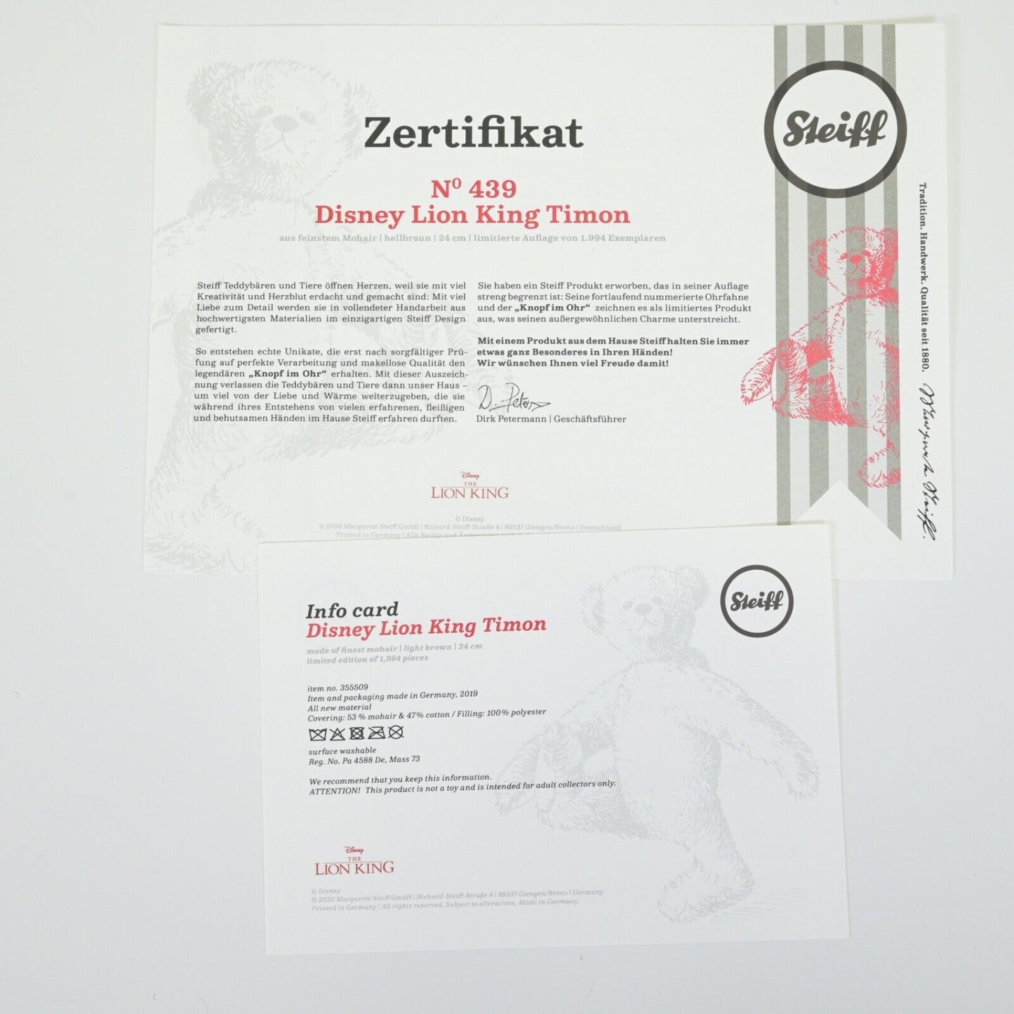 Steiff Disney König der Löwen Timon Ltd Ed – 355509