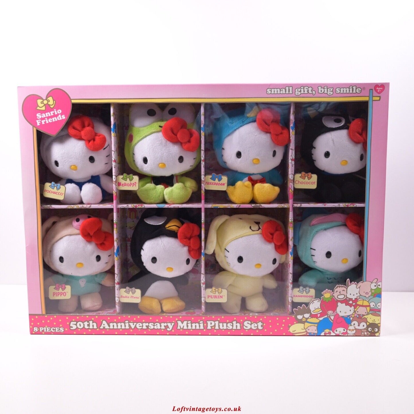 Hello Kitty 50. Jubiläum, 8-teiliges Mini-Plüschset – Neu und versiegelt