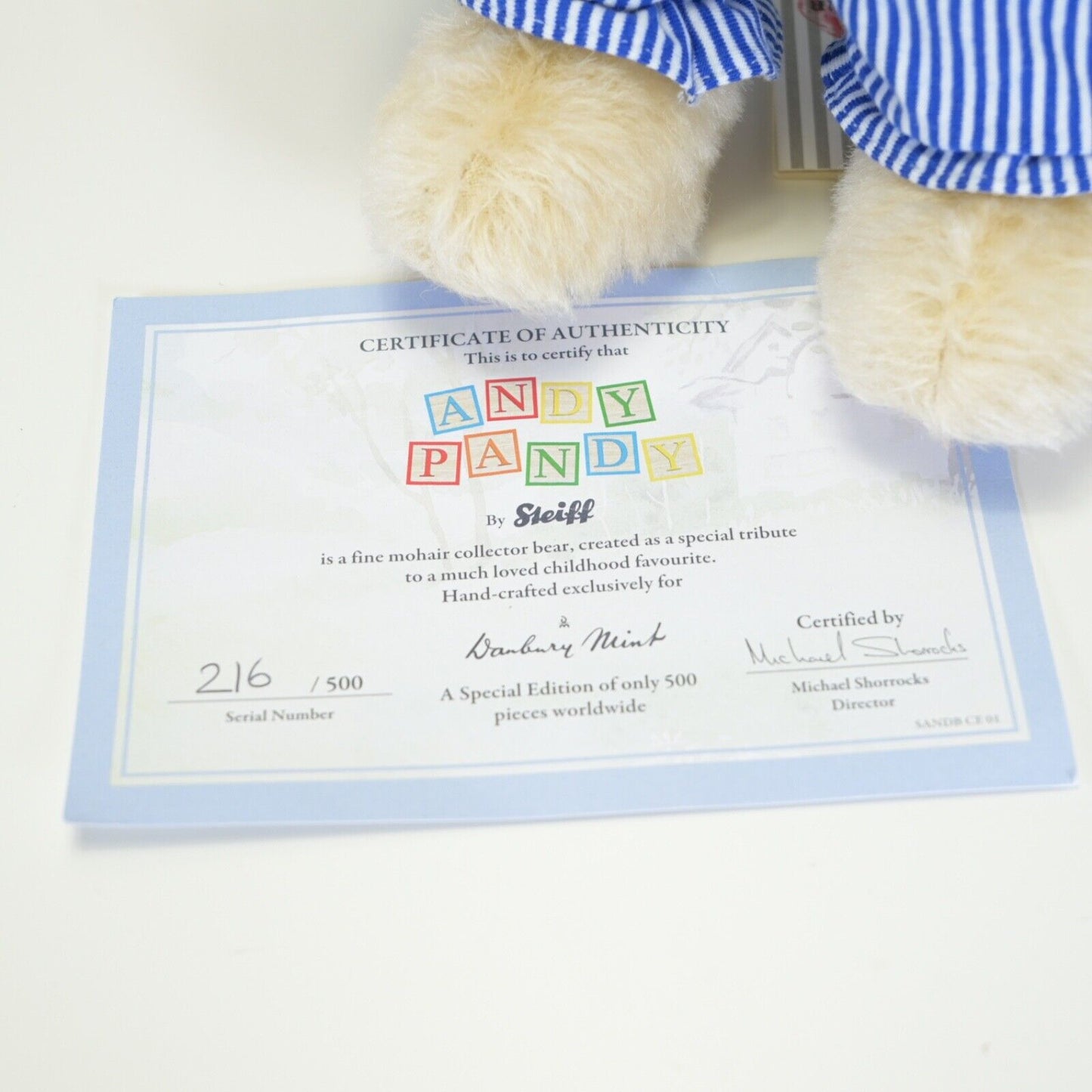 Steiff Andy Pandy Bear Danbury Mint Ltd Edition 51% Mohair Boxed & Certificate