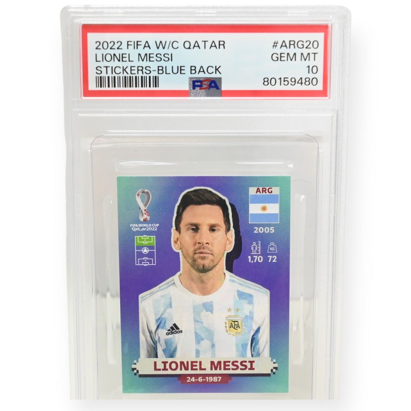 2022 FIFA W/C Qatar Sticker Lionel Messi #ARG20 PSA 10 / Blue Back