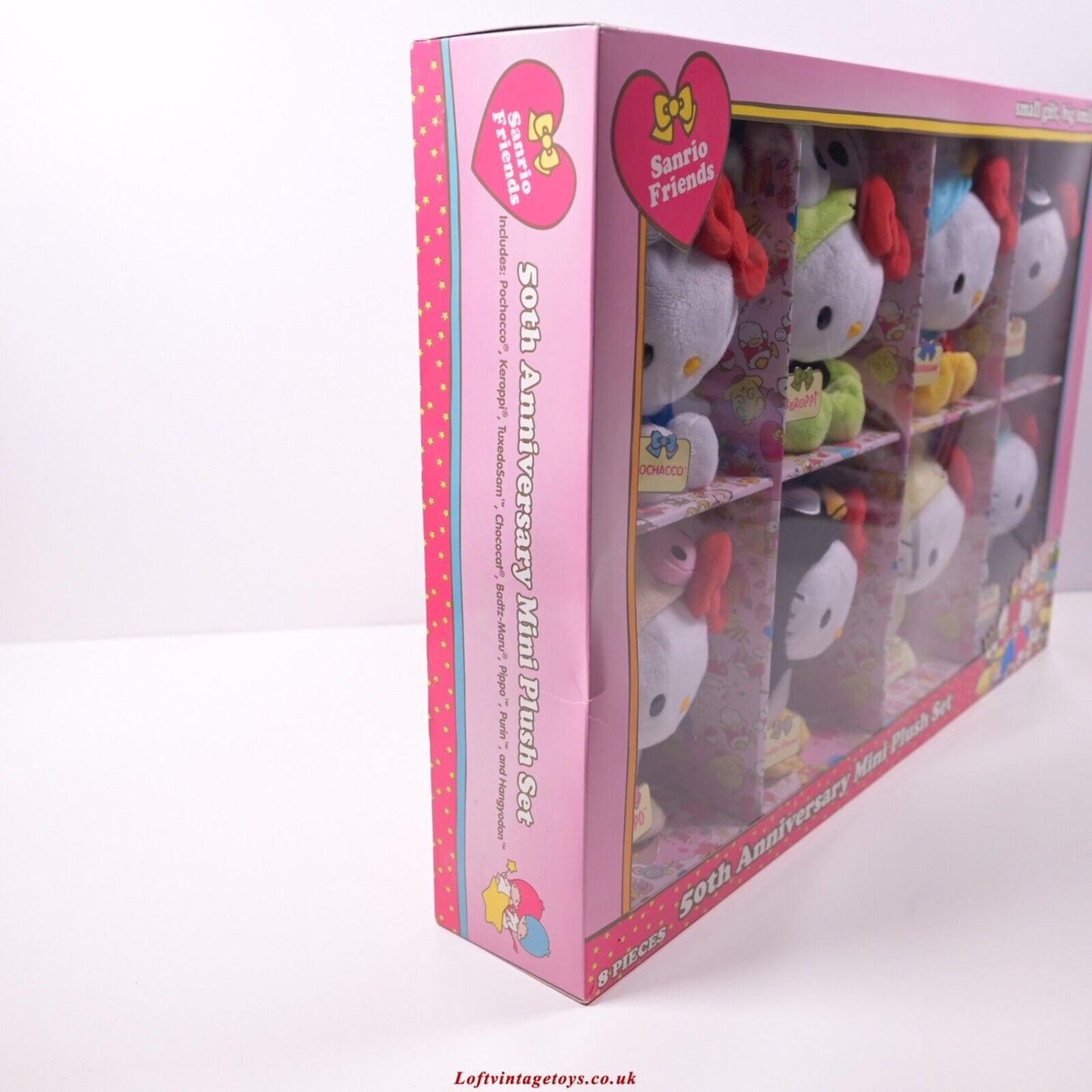 Hello Kitty 50. Jubiläum, 8-teiliges Mini-Plüschset – Neu und versiegelt