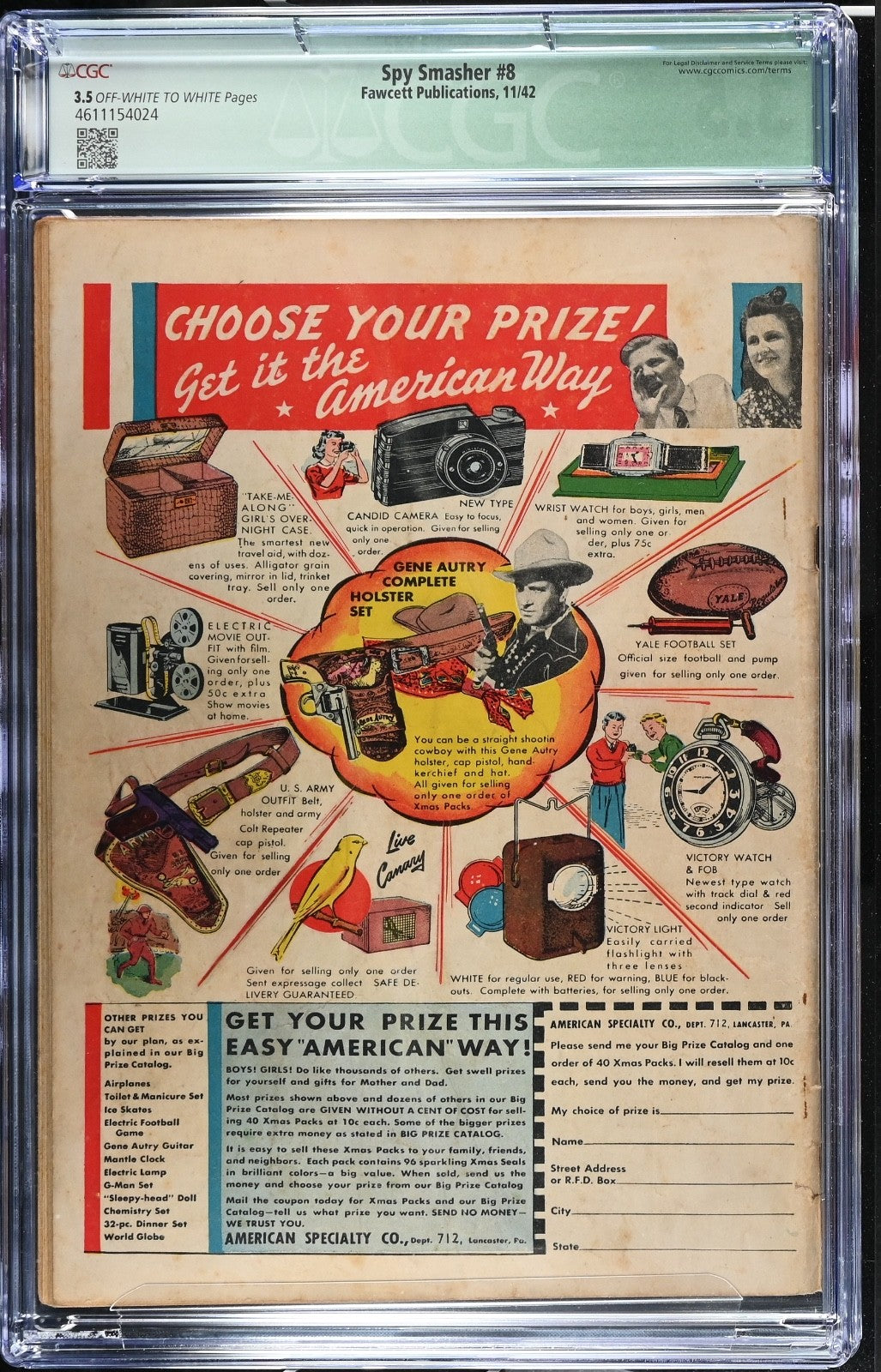 Spy Smasher #8 CGC 3.5 Qualified , Fawcett 1942