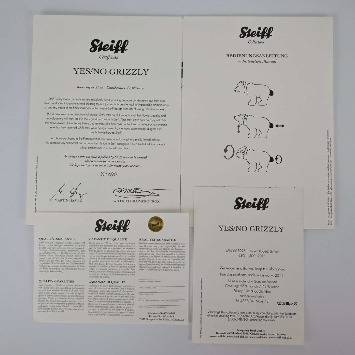 Steiff Yes/No Grizzly Bear - 663925 with Box/COA