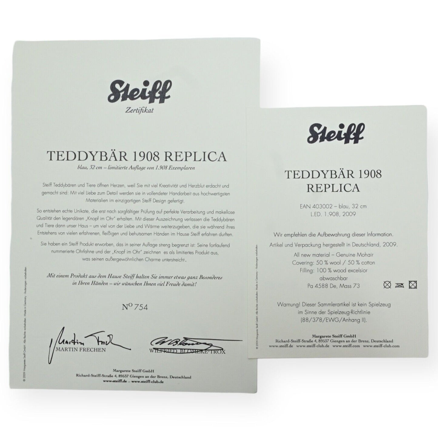 Steiff 1908 Replika Blauer Mohair-Teddybär - 403002