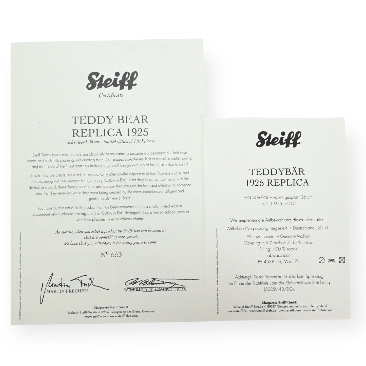 Steiff Teddy Bear 1925 Replica - 408748 Limited Edition