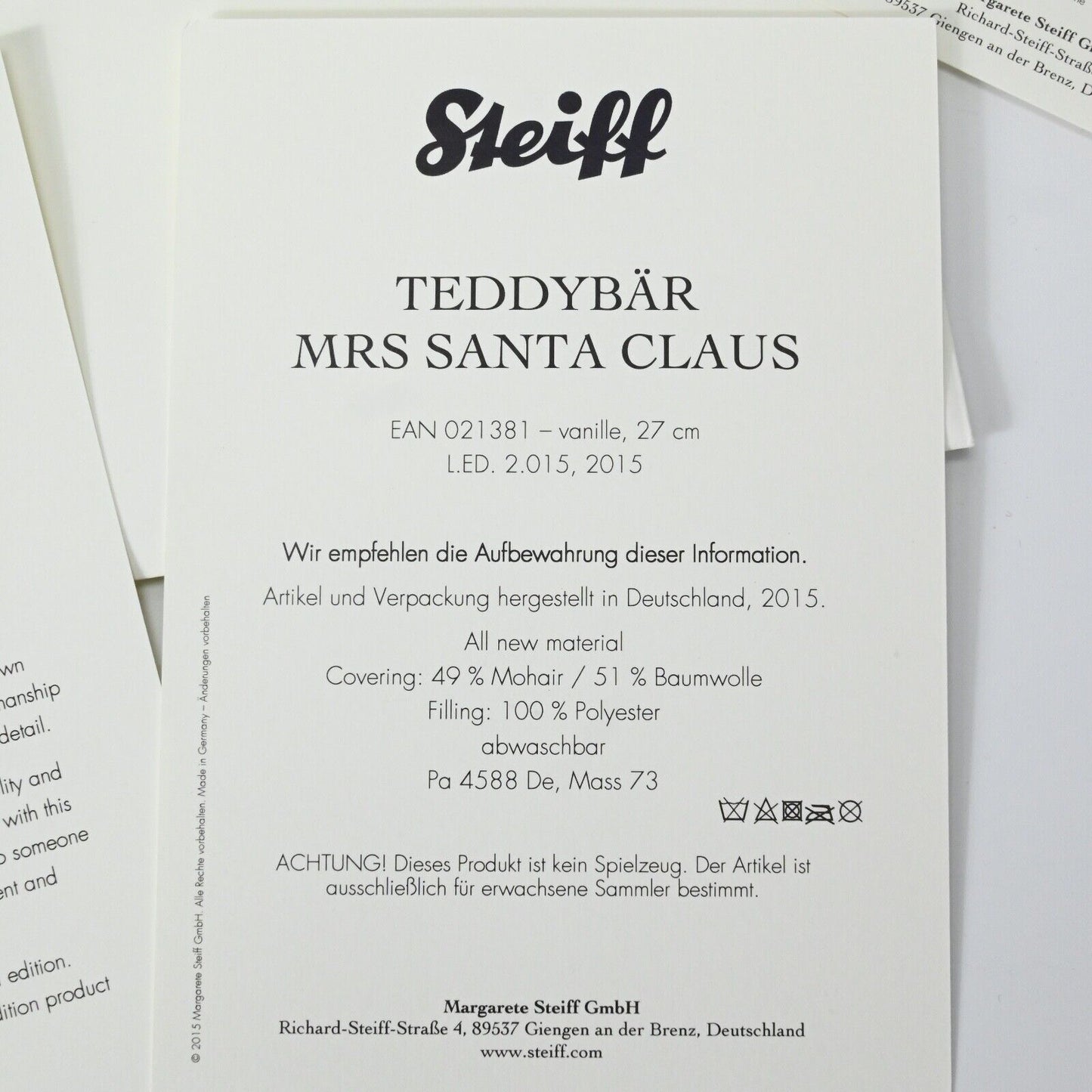 Steiff Mrs Santa Claus Musical Teddy Bear Limited Edition - 021381