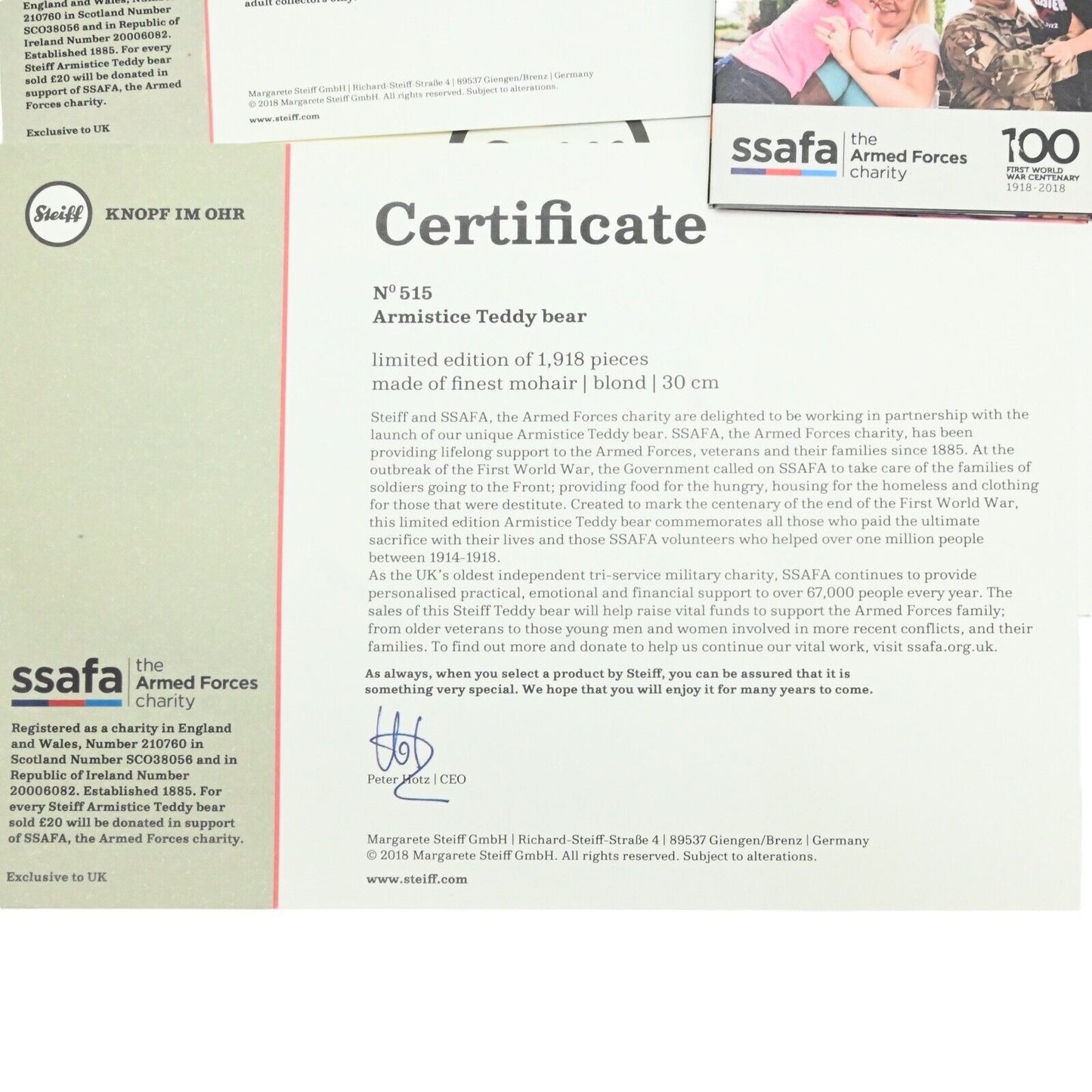 Steiff The Armistice SSAFA Limited Edition Teddy Bear - 690549
