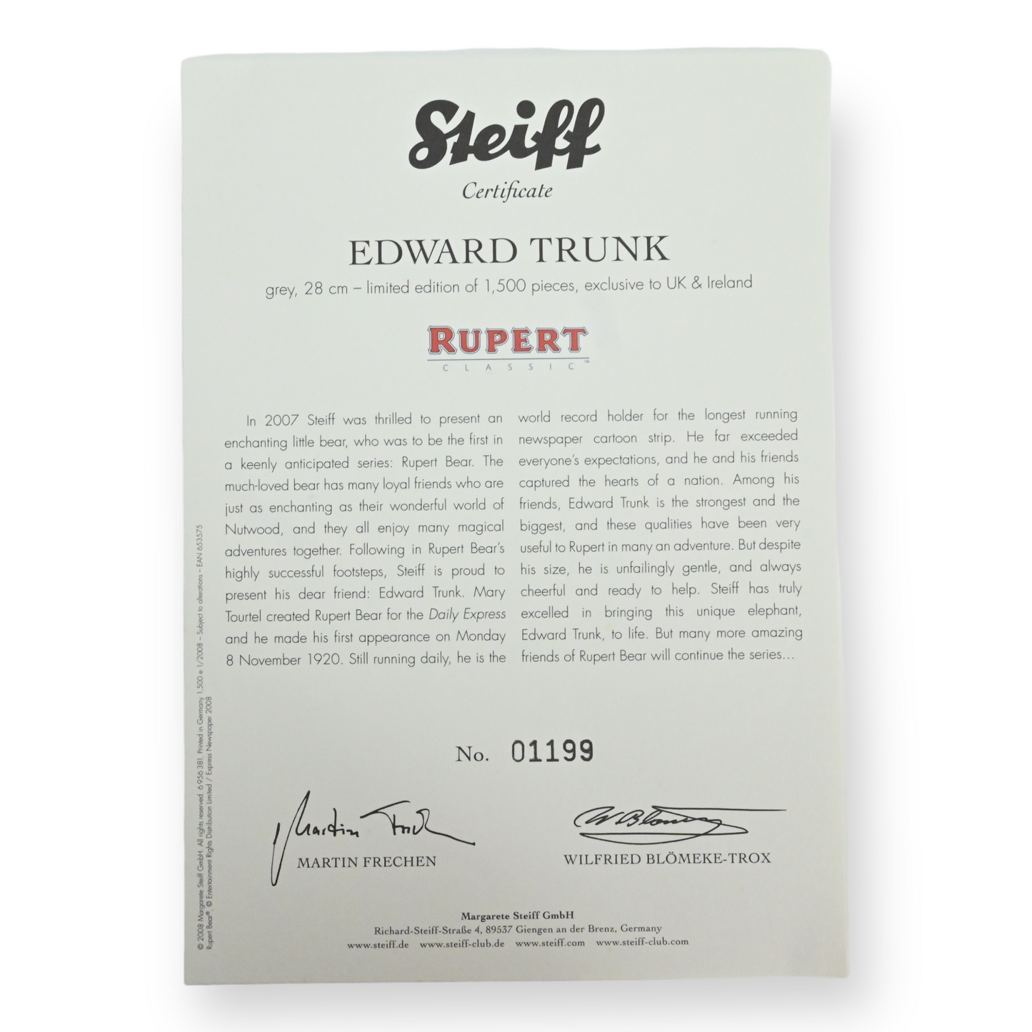 Steiff Edward Trunk From Rupert Bear - 653575 LE 1199 of 1500