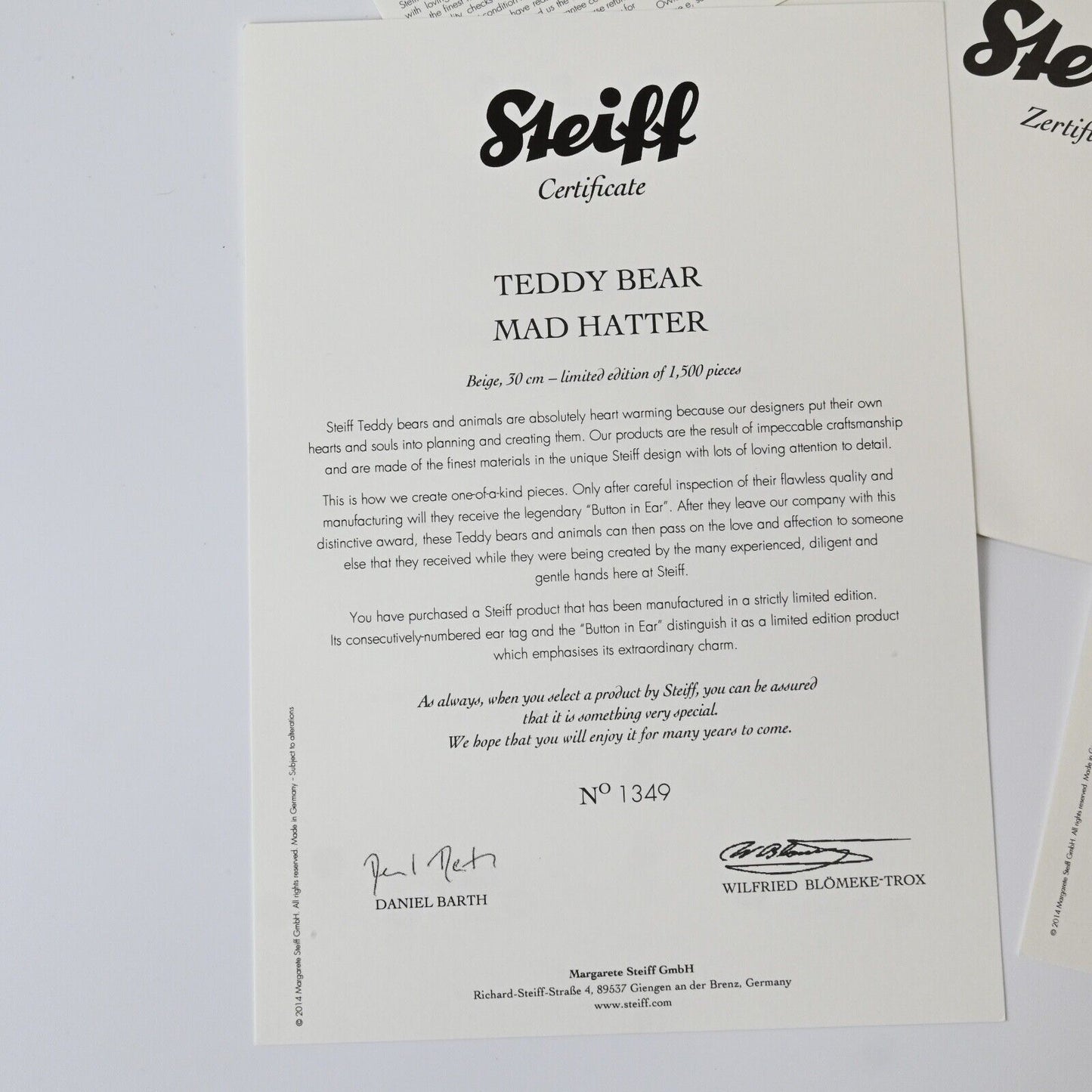 Steiff The Mad Hatter Teddy Bear - 034497 Limited Edition