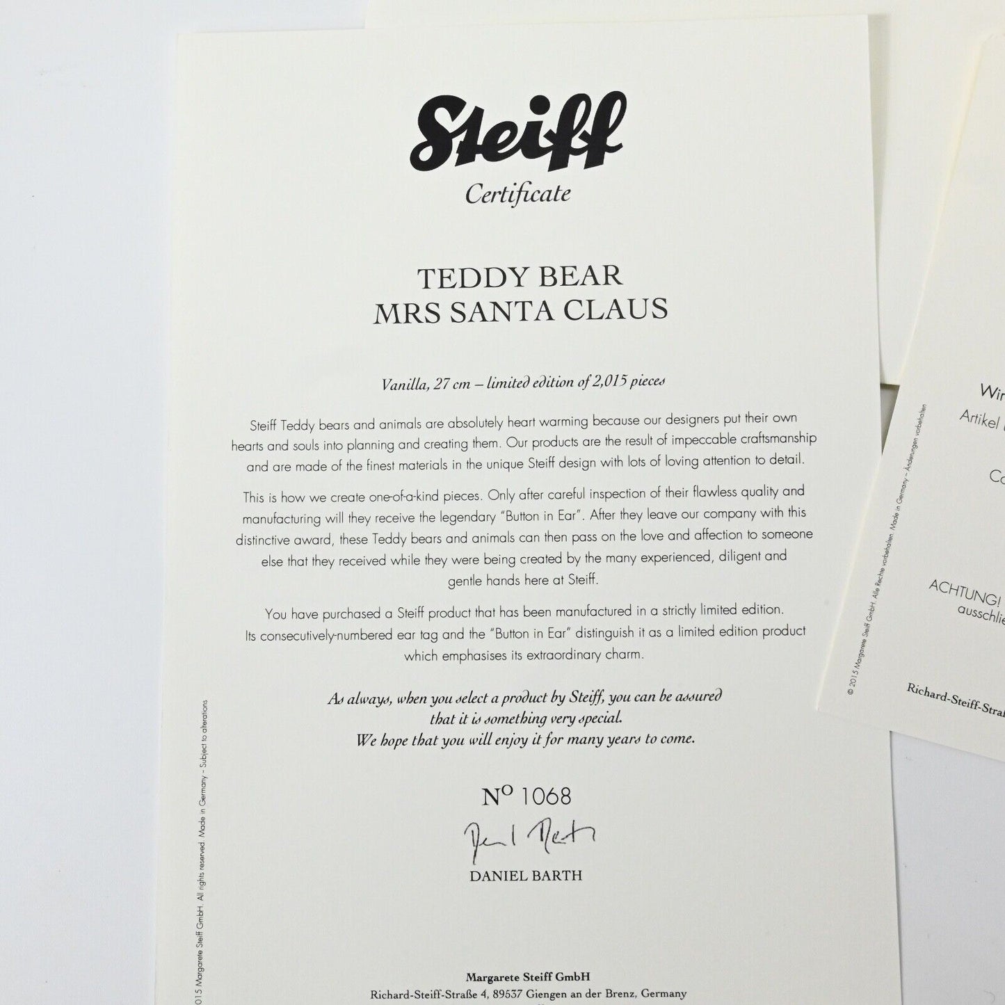 Steiff Mrs Santa Claus Musical Teddy Bear Limited Edition - 021381