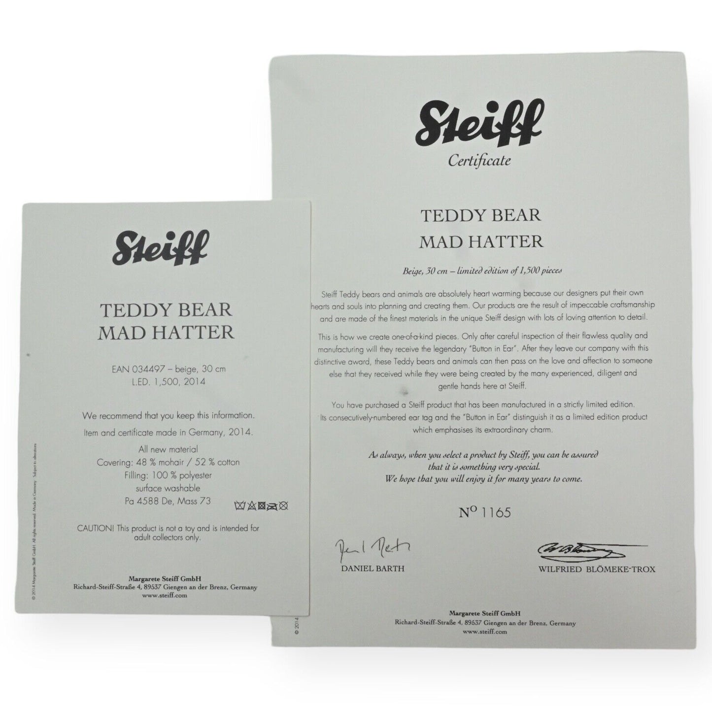 Steiff The Mad Hatter Teddy Bear -- 034497 Limited Edition