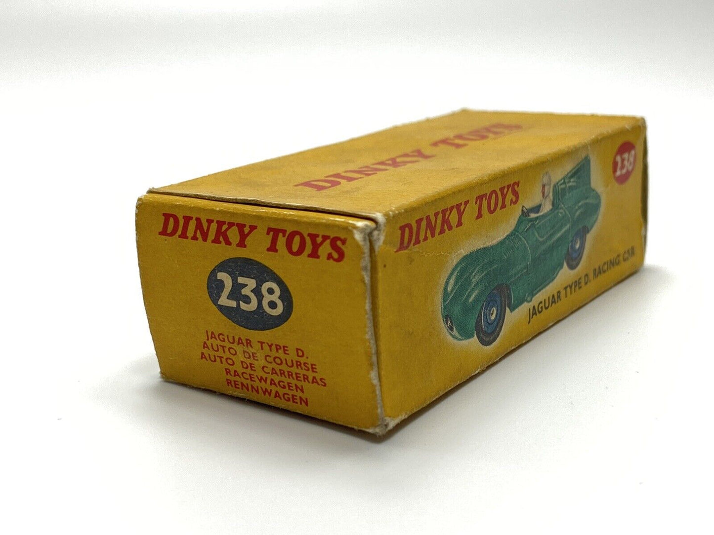 DINKY 238 JAGUAR D TYPE TURQUOISE WITH YELLOW DRIVER/ BLUE HUBS WITH BOX