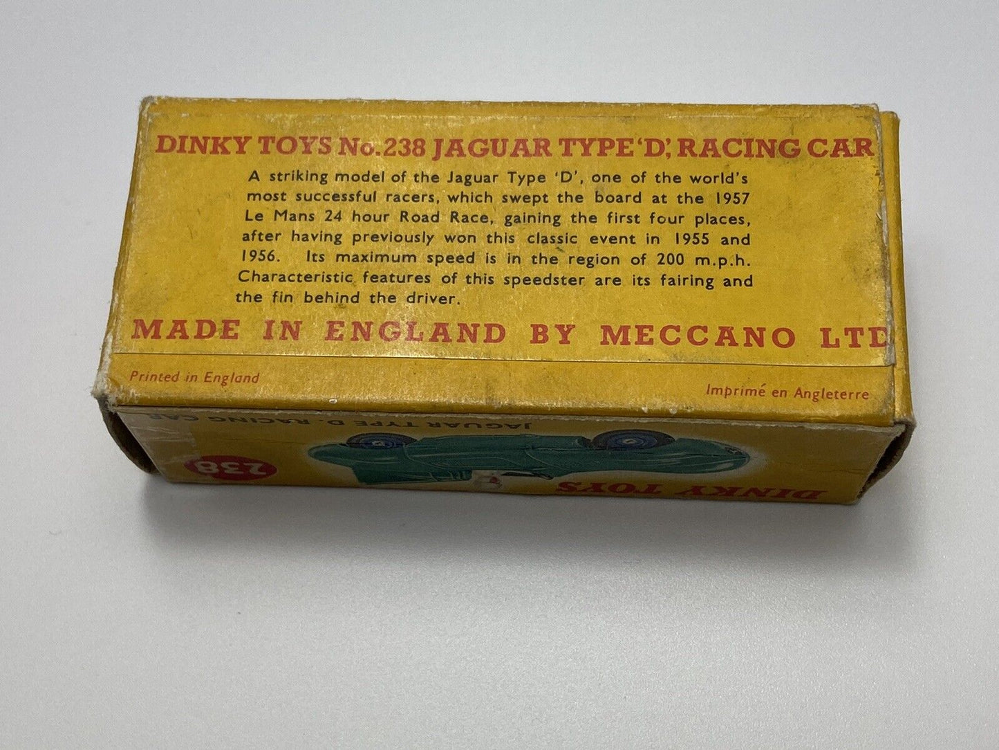 DINKY 238 JAGUAR D TYPE TURQUOISE WITH YELLOW DRIVER/ BLUE HUBS WITH BOX