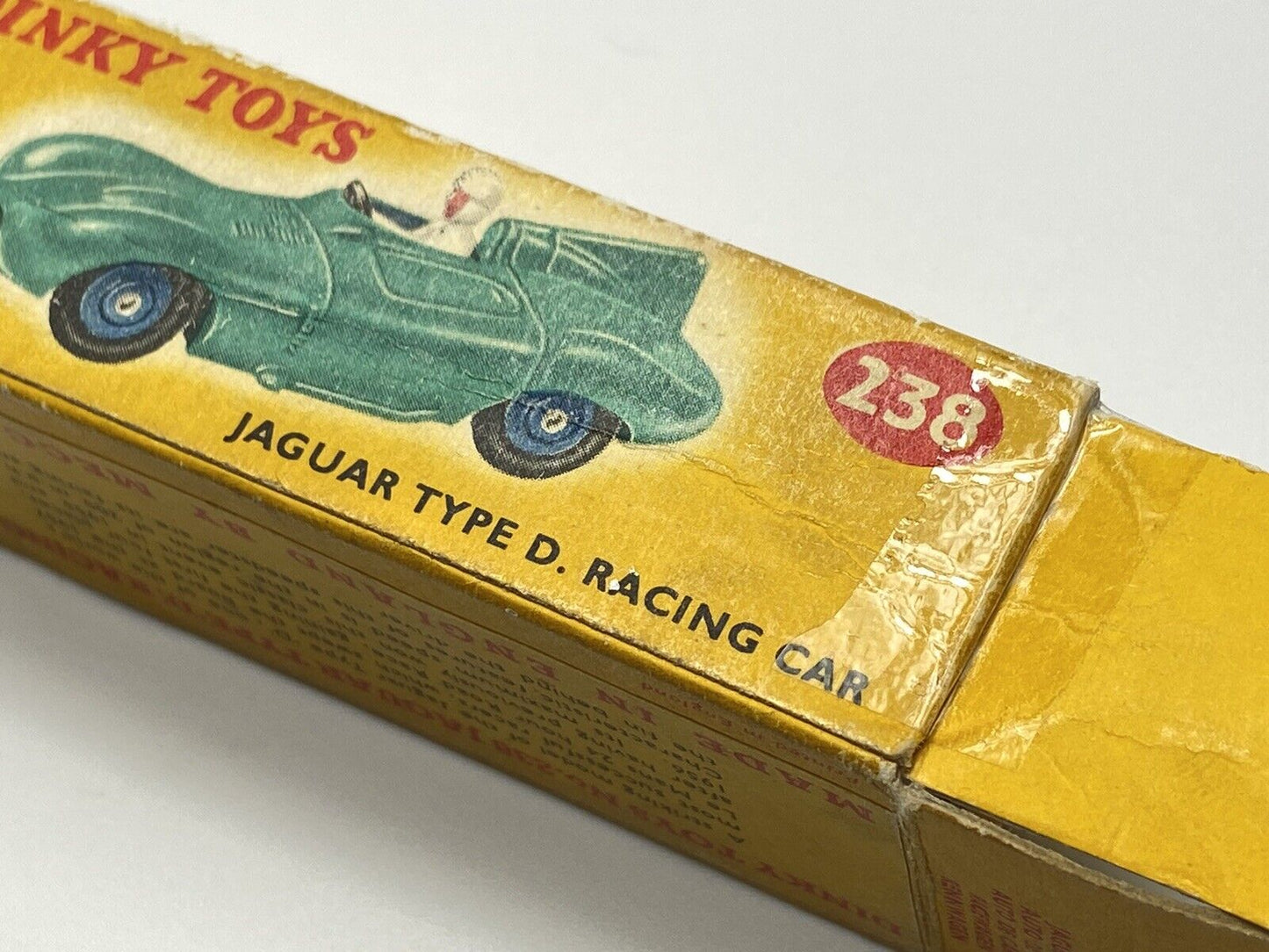 DINKY 238 JAGUAR D TYPE TURQUOISE WITH YELLOW DRIVER/ BLUE HUBS WITH BOX