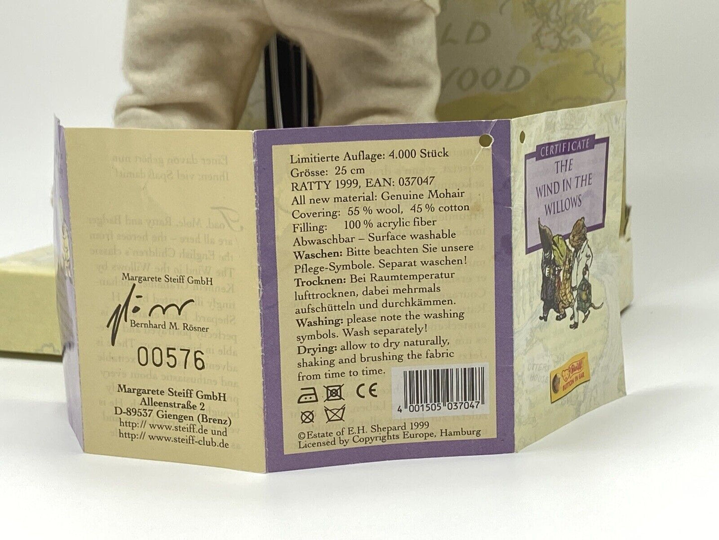 STEIFF WIND IN THE WILLOWS - RATTY WITH TAGS, CERTIFICATE & BOX