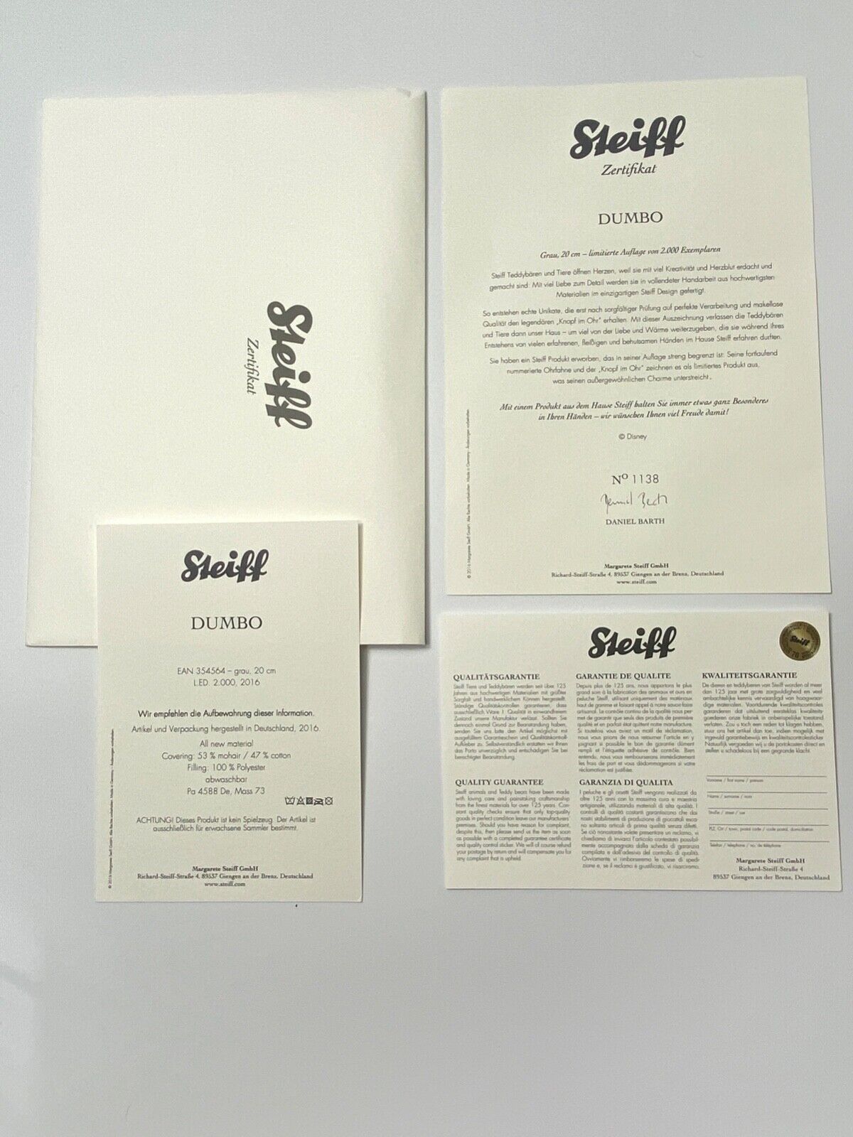 STEIFF 354564 DUMBO LE NO 1138 OF 2000 WITH BOX, TAGS AND CERTIFICATE - NEW COND