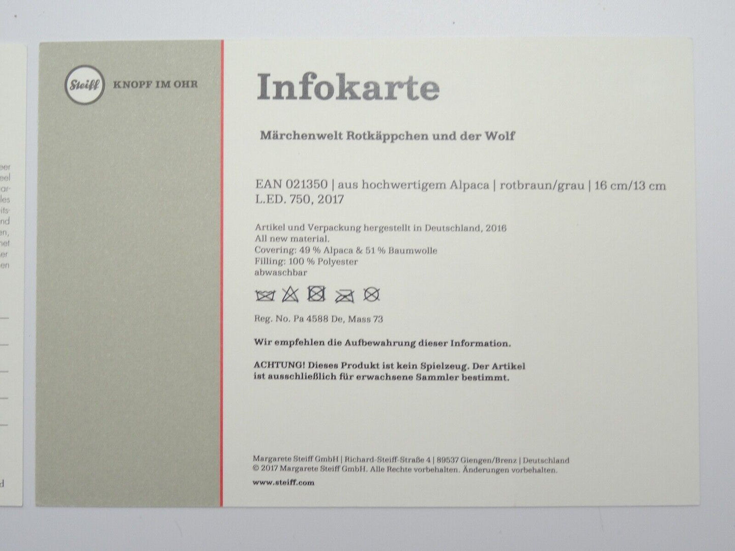 STEIFF 021350 ROTKÄPPCHEN UND WOLF MIT ZERTIFIKAT, BOX UND ETIKETT