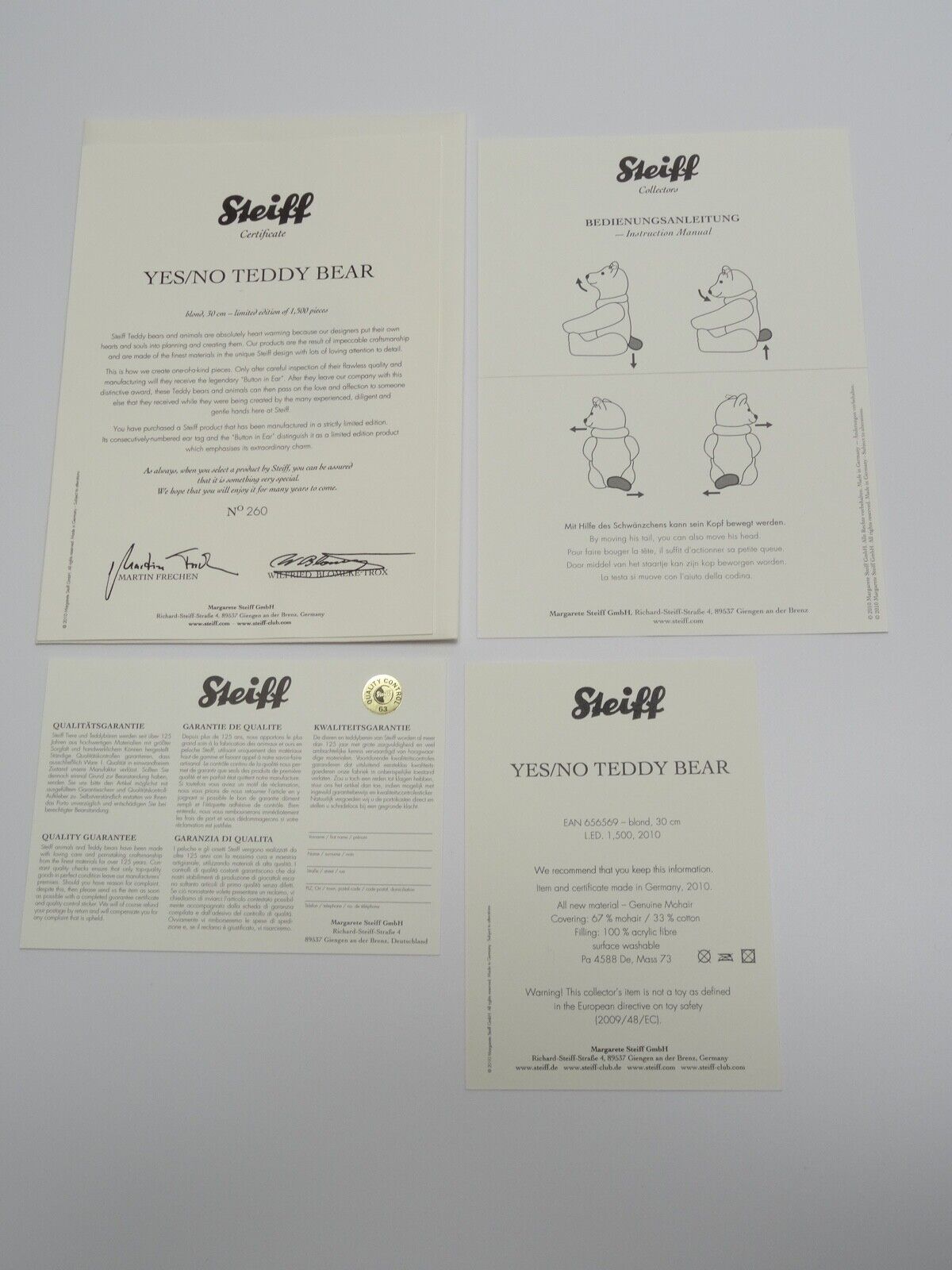 STEIFF YES / NO TEDDY BEAR, WHITE TAG LIMITED EDITION 656569