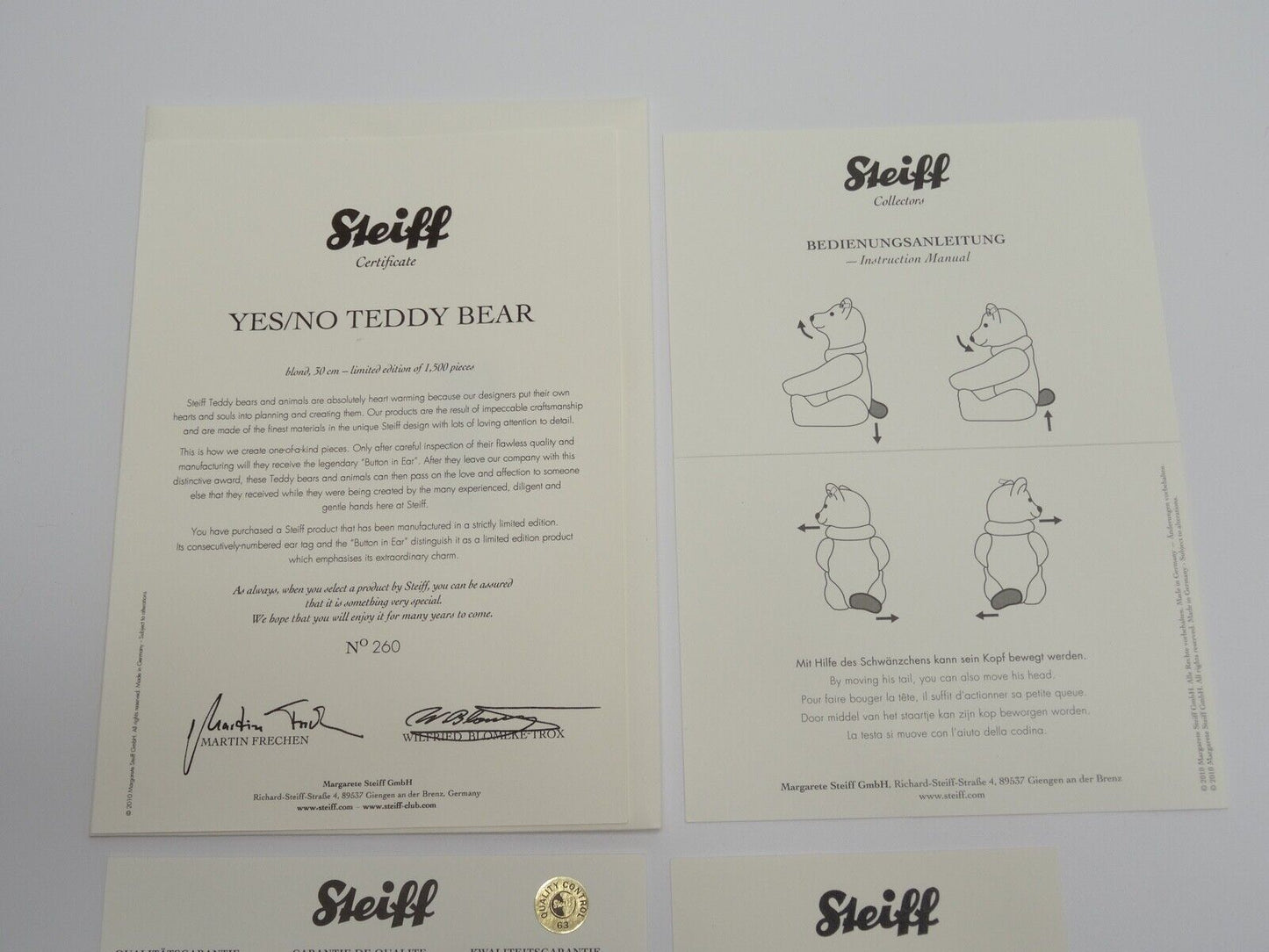 STEIFF YES / NO TEDDY BEAR, WHITE TAG LIMITED EDITION 656569