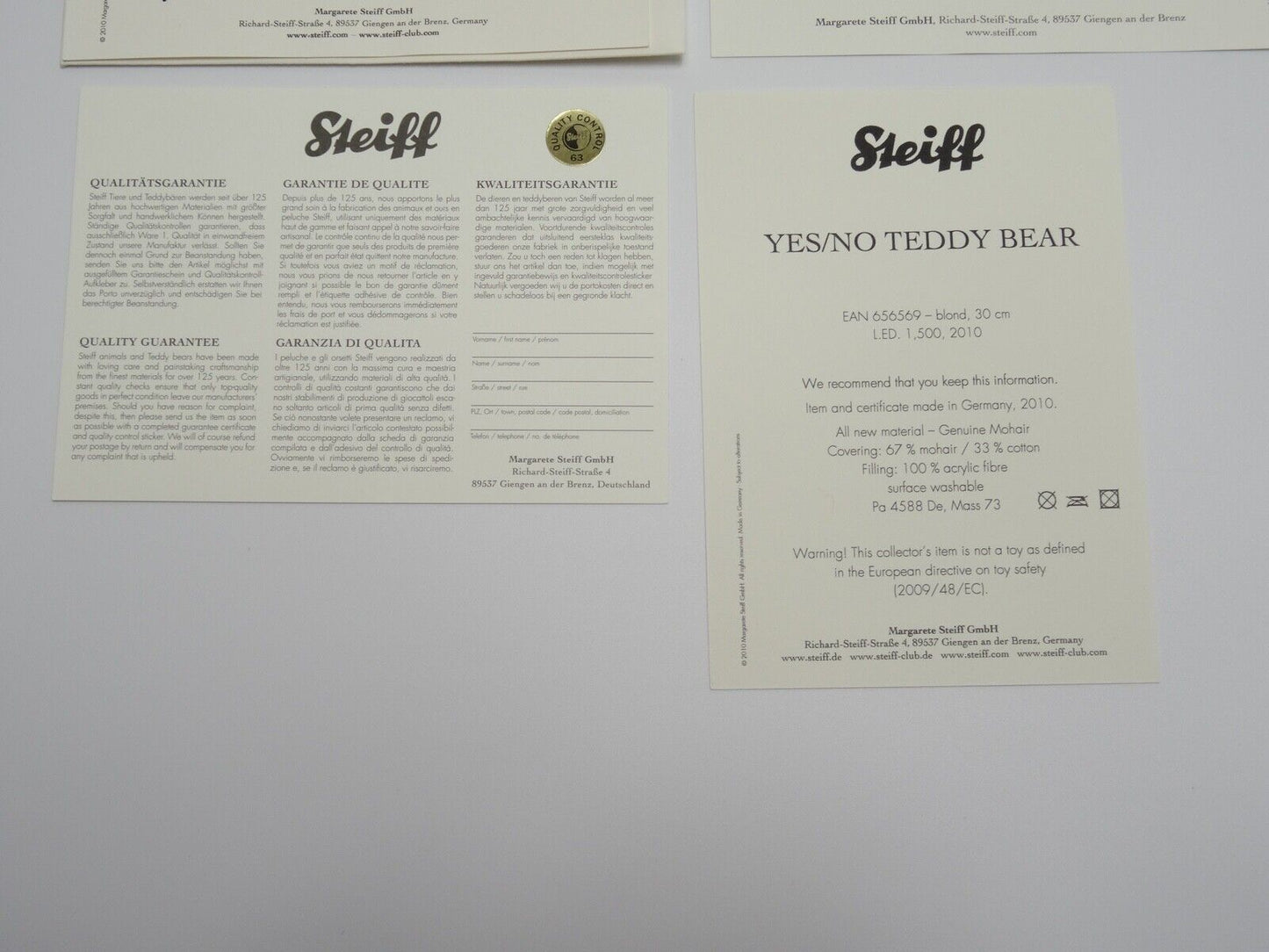 STEIFF YES / NO TEDDY BEAR, WHITE TAG LIMITED EDITION 656569