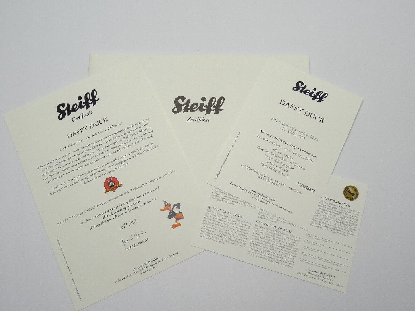STEIFF LOONEY TUNES DAFFY DUCK 354625 LIMITIERTE EDITION MIT COA