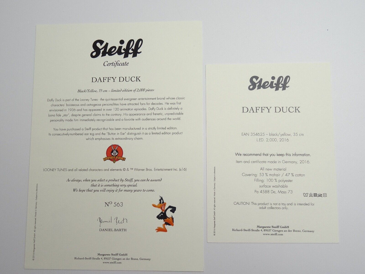 STEIFF LOONEY TUNES DAFFY DUCK 354625 LIMITIERTE EDITION MIT COA