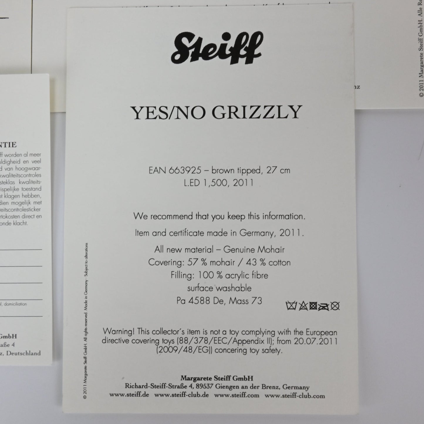 Steiff Yes/No Grizzly Bear - 663925 with Box/COA