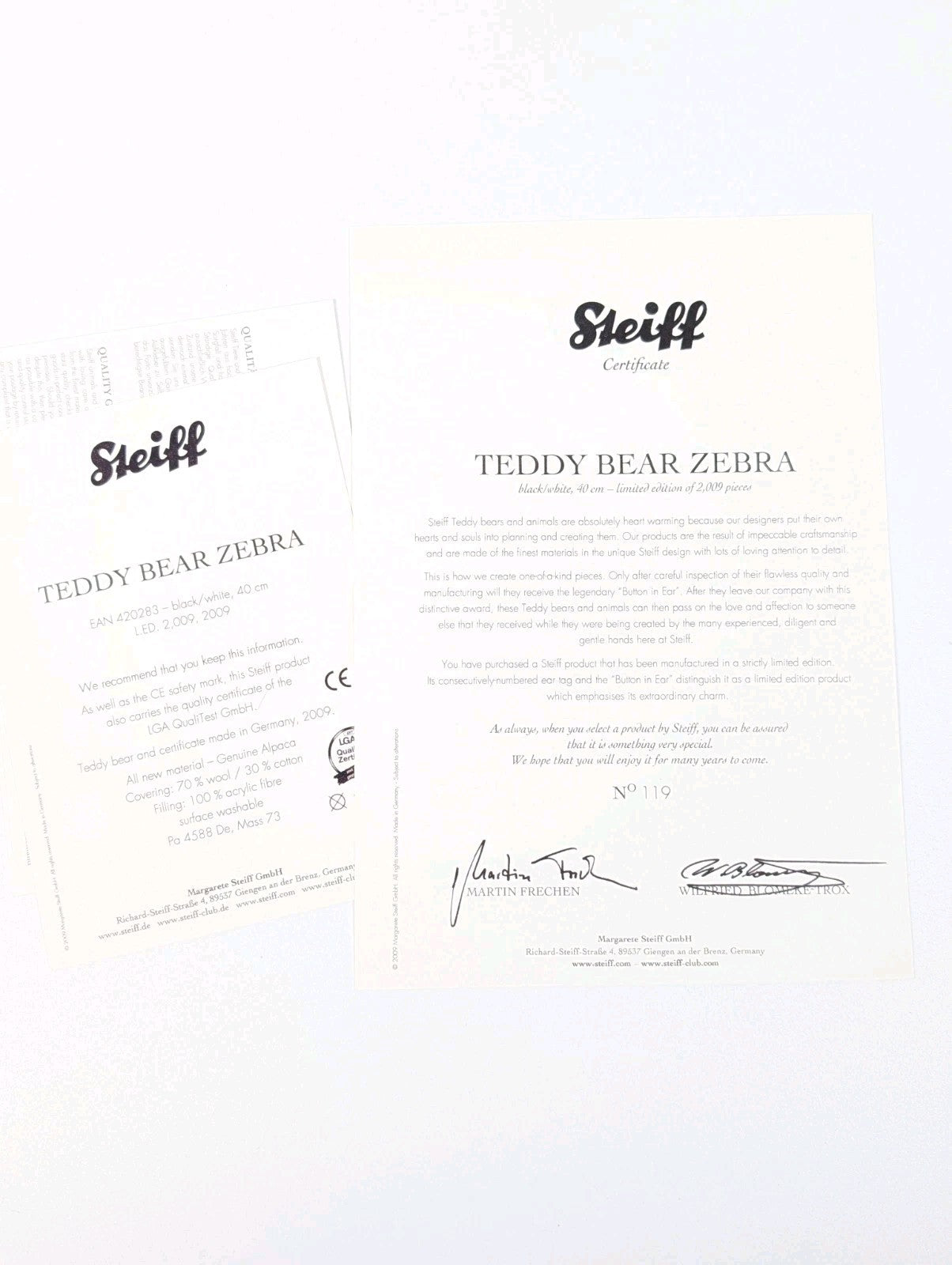 Steiff Zebra Teddy Bear, Ltd Edition Of 2009  - 420283