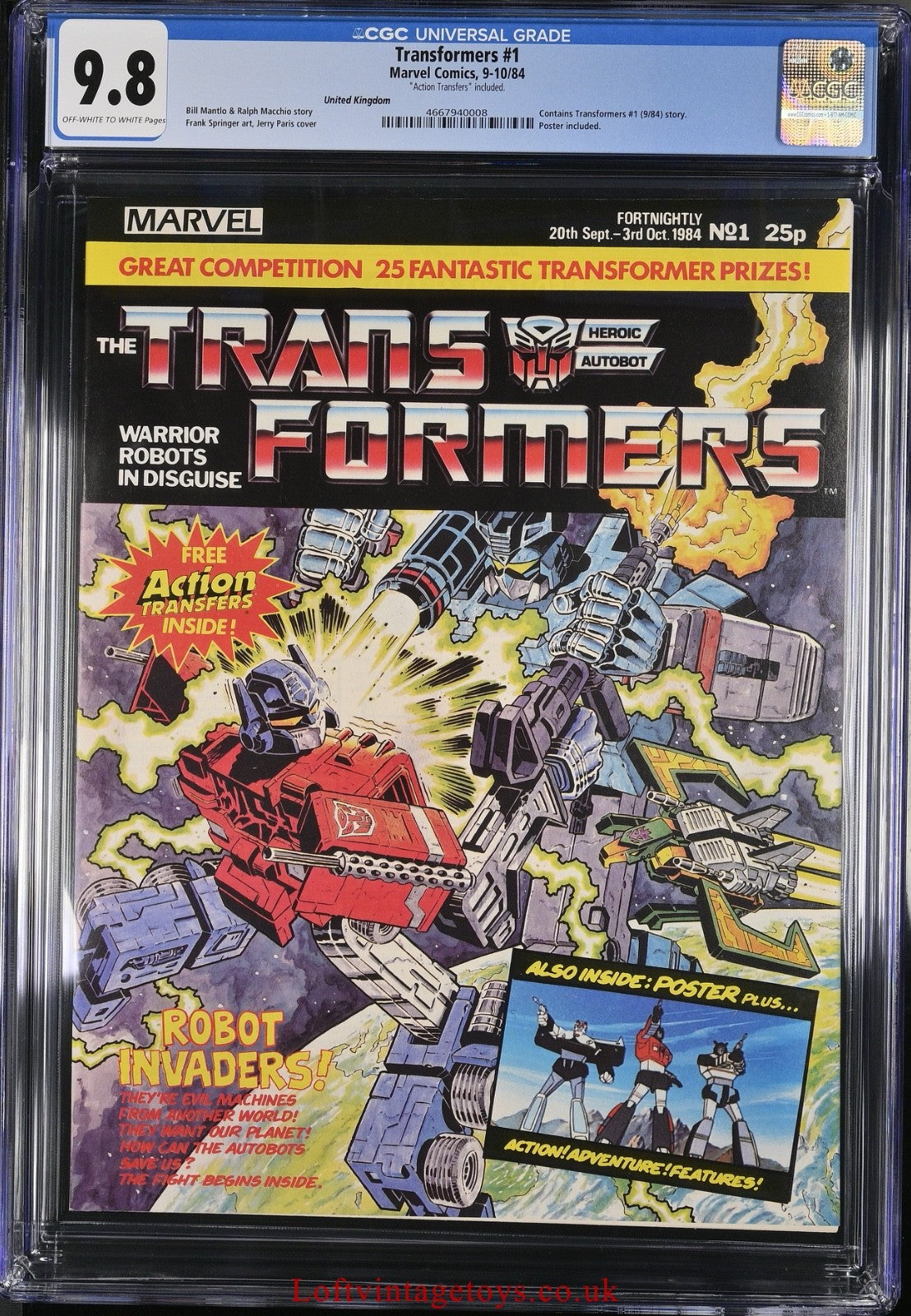 Transformers #1 CGC 9.8 UK Marvel Magazine Action Transfers Poster from 1984