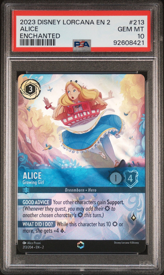 2023 DISNEY LORCANA EN 2-RISE OF THE FLOODBORN #213 ALICE ENCHANTED PSA 10