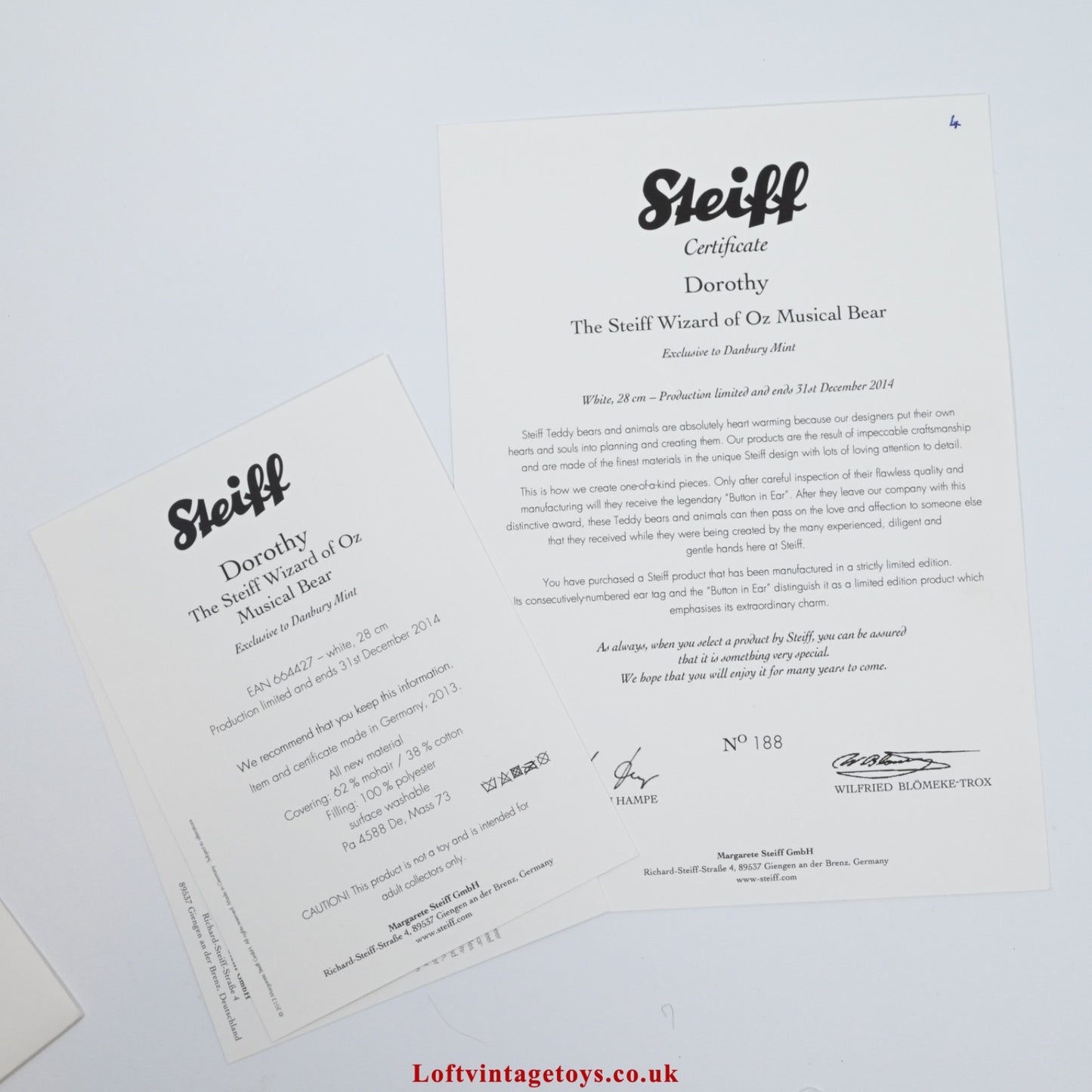 Steiff Dorothy Wizard of Oz Dorothy Bear Musical Limited Edition - 664427