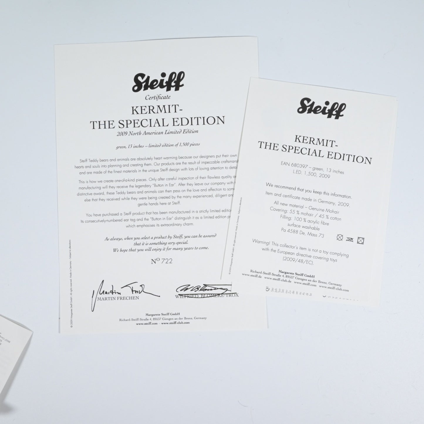 Steiff Kermit The Frog Special Edition, Ltd Edition - Hard to Find - 680397