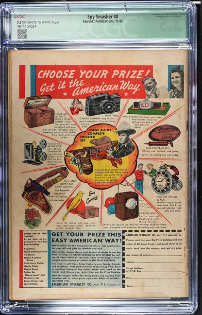 Spy Smasher #8 CGC 3.5 Qualified , Fawcett 1942