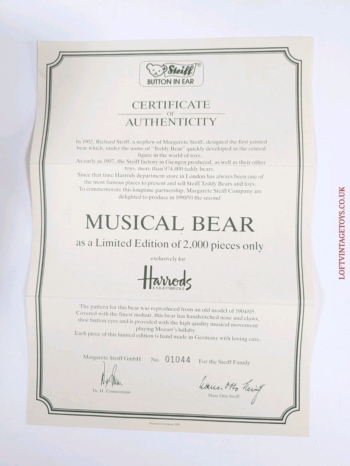 Steiff Harrods Musical Bear 650369, Ltd Edition