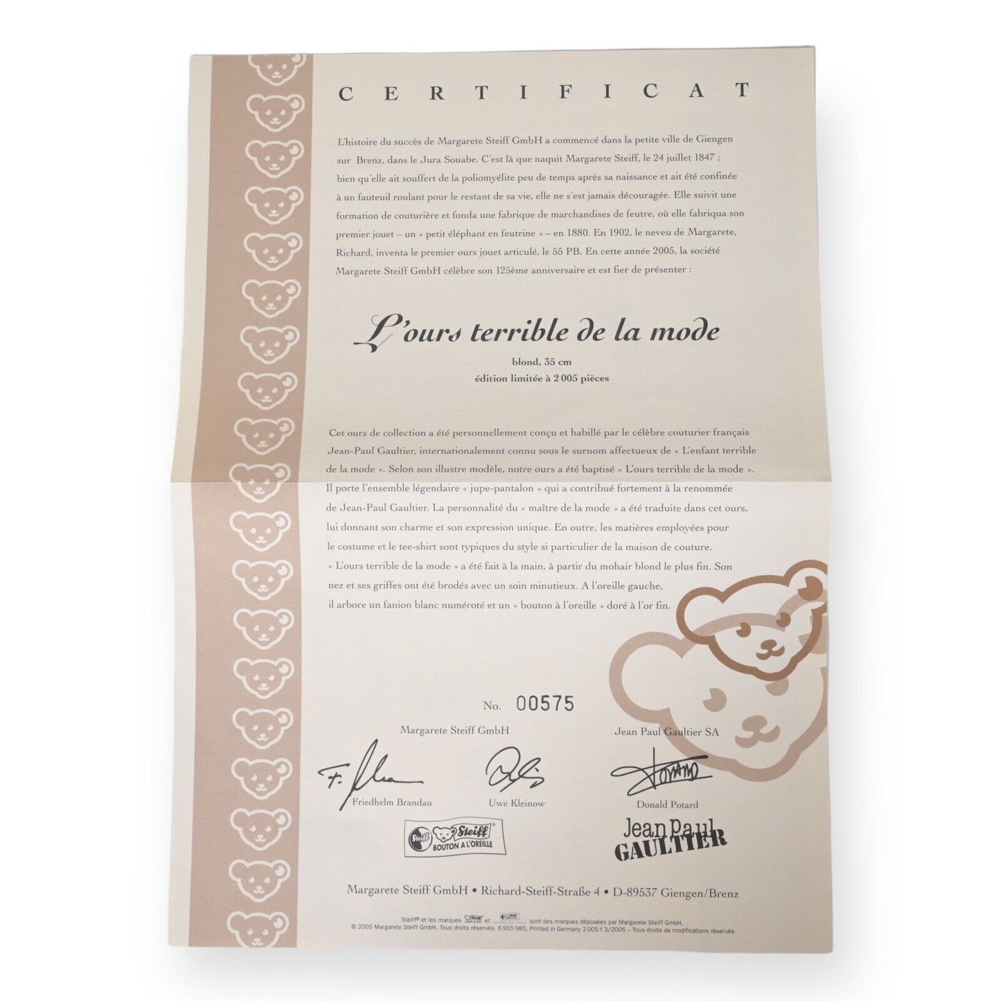 Steiff Jean Paul Gaultier Bear - 661723, Ltd Ed from 2005