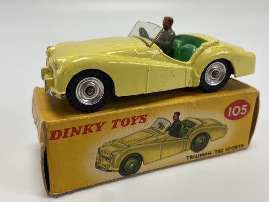 Dinky Toys 105 Triumph TR2 Sports Car Lemon Body With Box - RARE