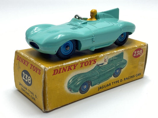 DINKY 238 JAGUAR D TYPE TURQUOISE WITH YELLOW DRIVER/ BLUE HUBS WITH BOX