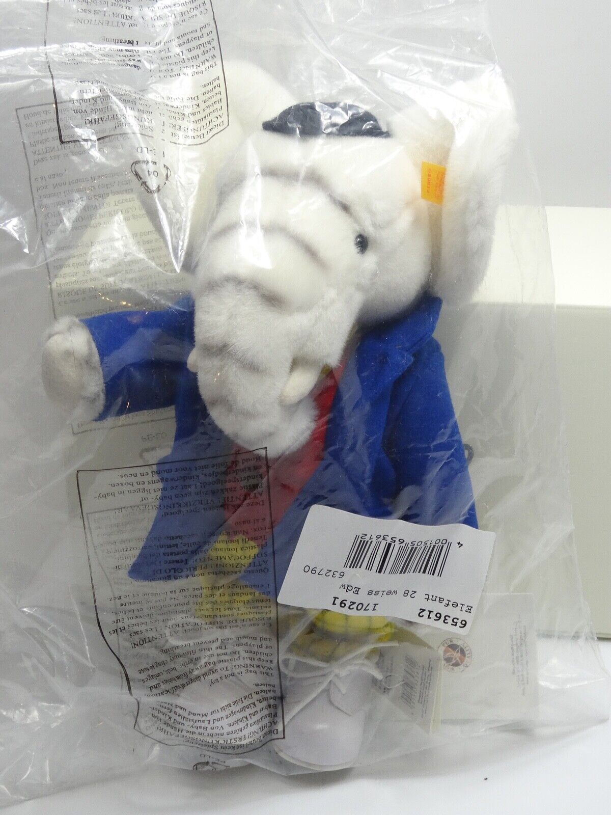 STEIFF EDWARD TRUNK (28CM) WHITE 653612 WITH BOX - SEALED IN BAG