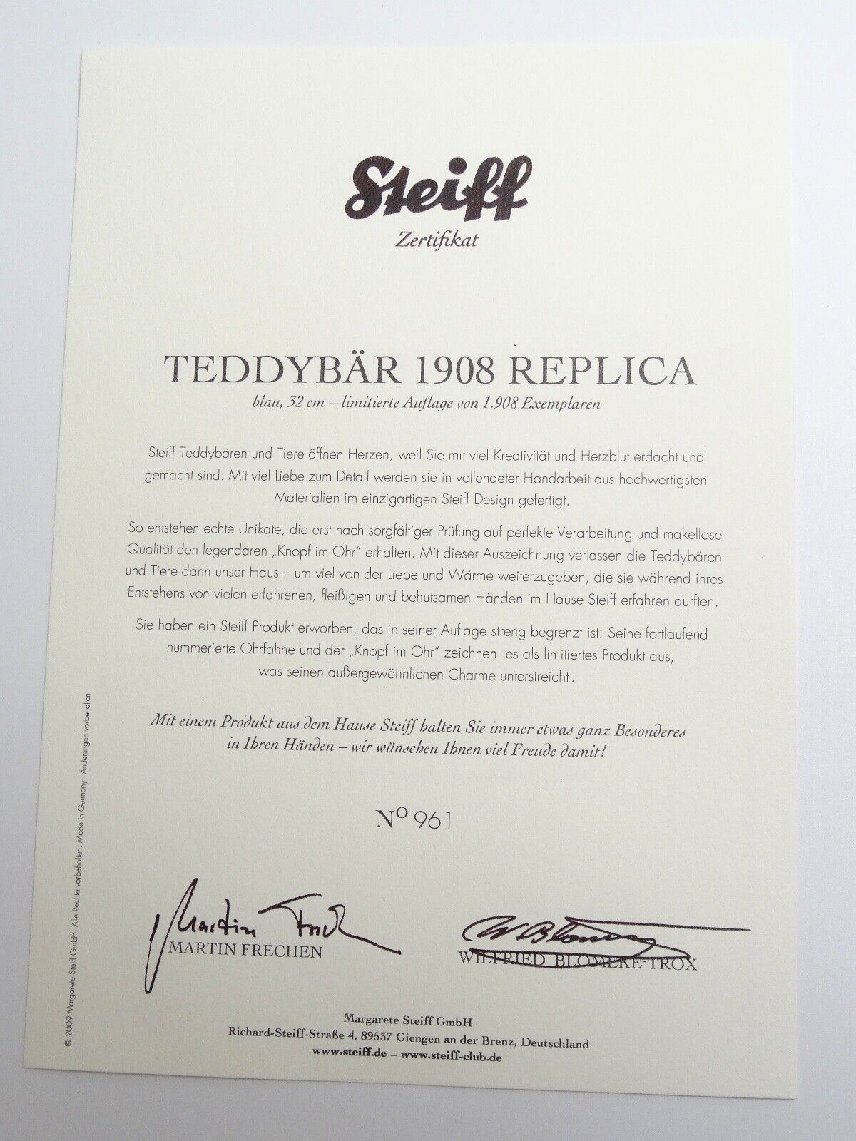 STEIFF TEDDYBAR 1908 REPLICA 403002 LIMITED EDITION MINT WITH BOX