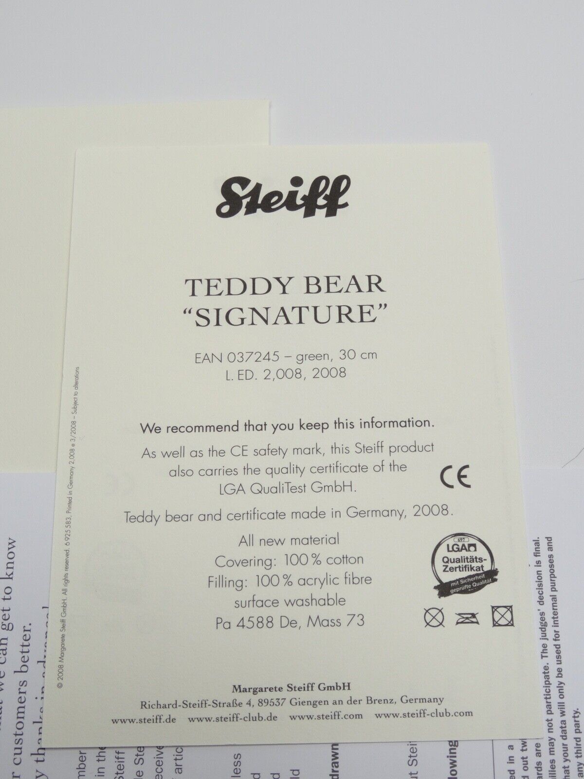 STEIFF TEDDY BEAR SIGNATURE LIMITED EDITION WHITE TAG 037245, 2008 WITH BOX/COA