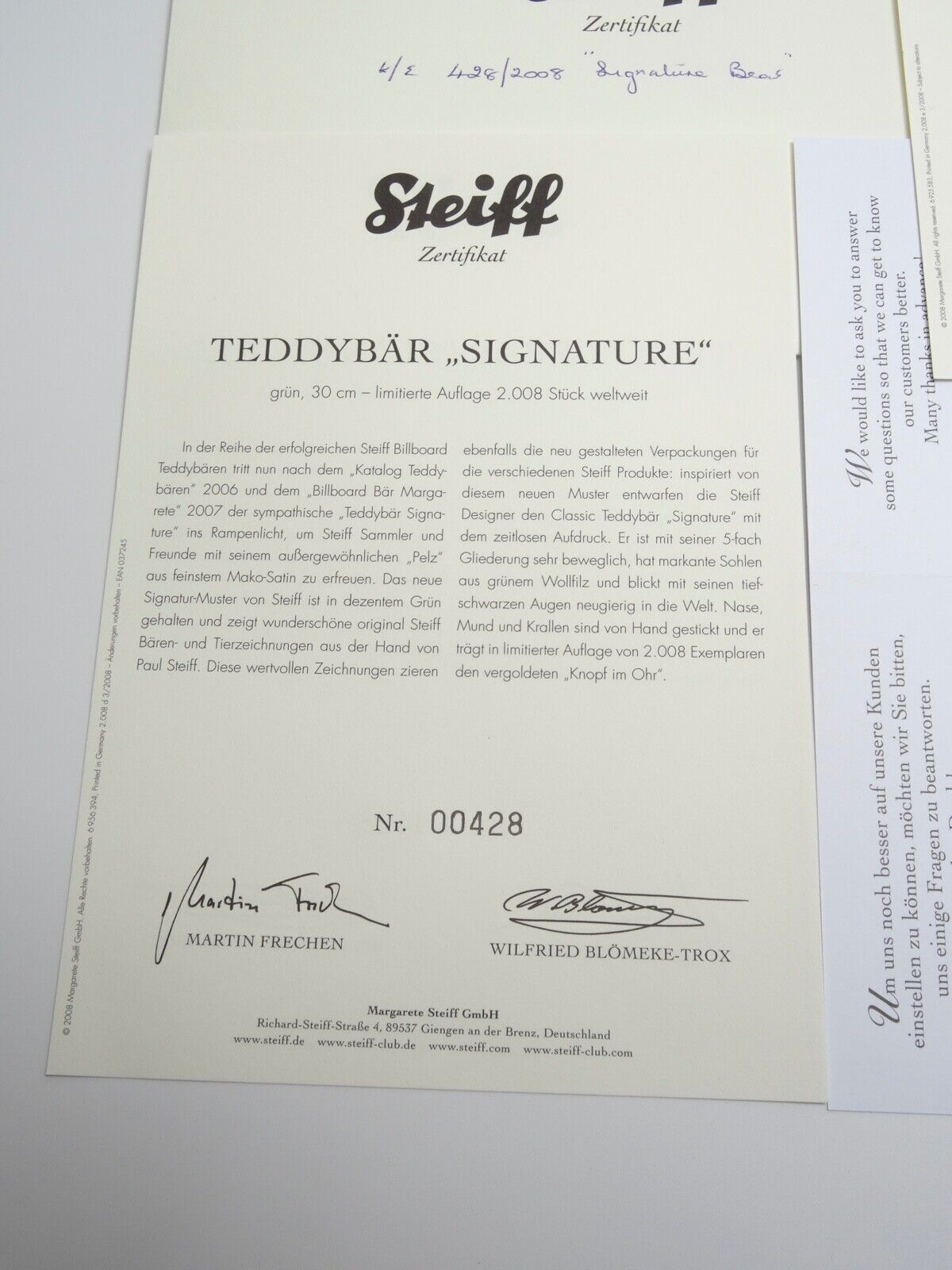 STEIFF TEDDY BEAR SIGNATURE LIMITED EDITION WHITE TAG 037245, 2008 WITH BOX/COA